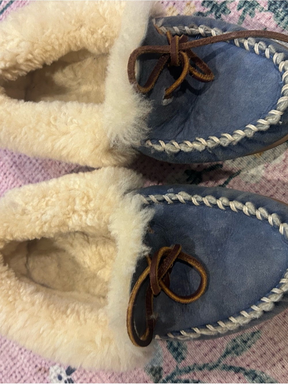Womens Llbean Blue Shearling-Lined Moccasin Slippers